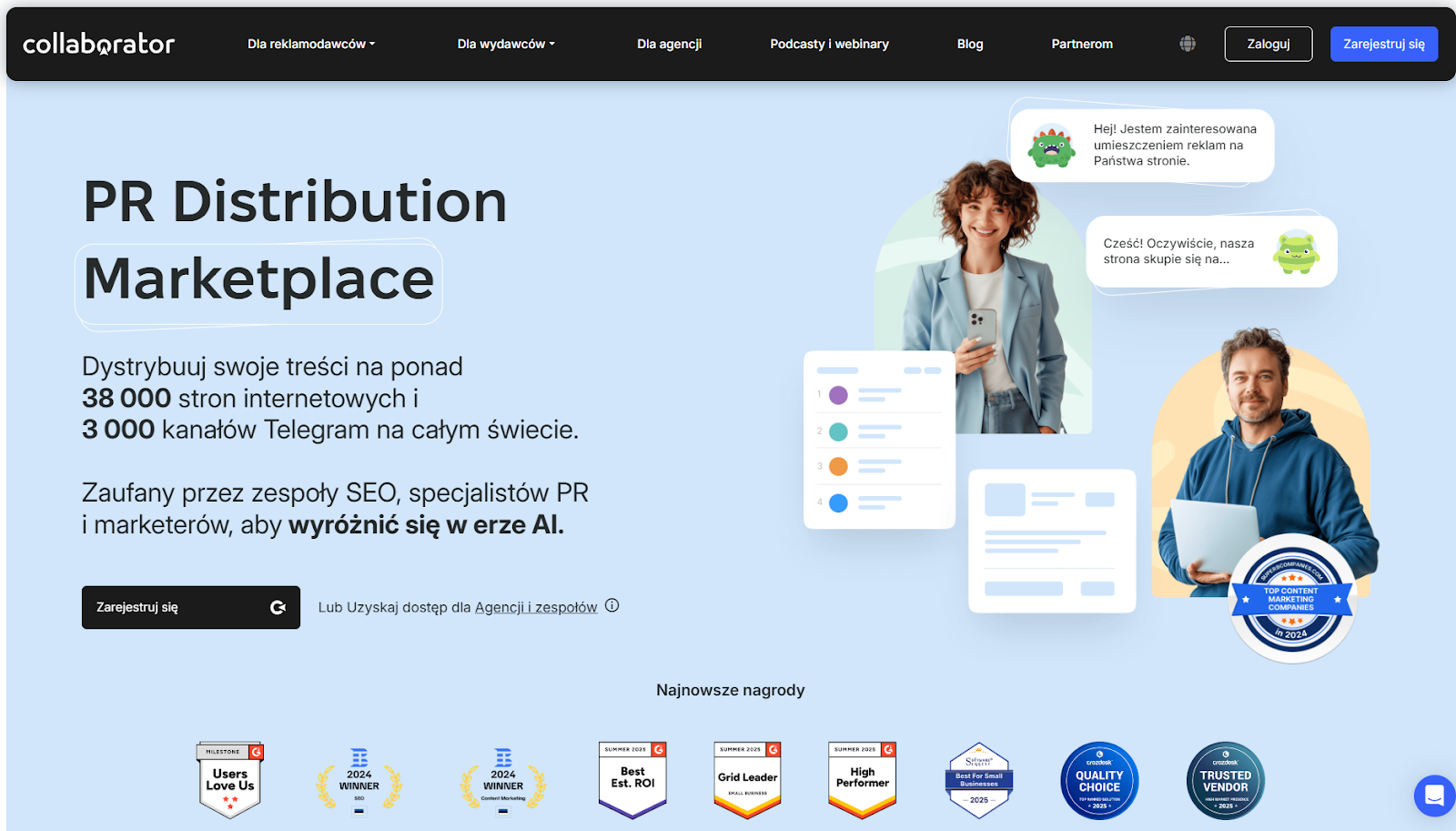 Strona główna Collaborator PR Distribution Marketplace, przedstawiająca możliwości platformy do dystrybucji treści PR i marketingowych.