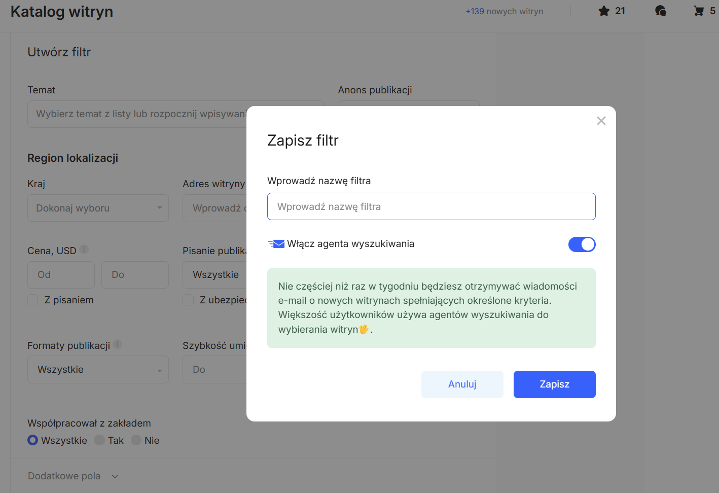 Okno zapisu filtra na platformie Collaborator z włączonym agentem wyszukiwania, który automatycznie informuje o nowych witrynach.