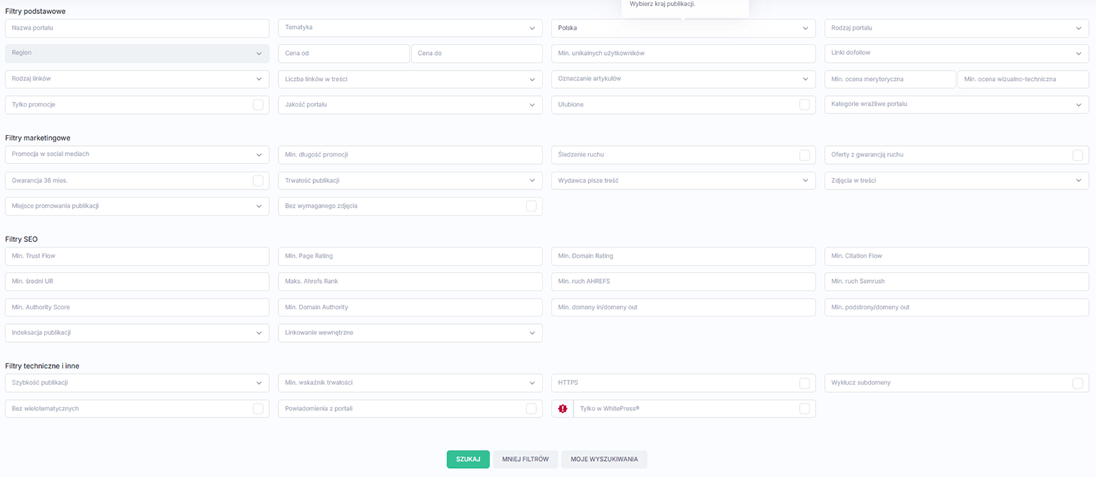 Panel filtrów na platformie WhitePress z różnymi opcjami SEO, marketingowymi i technicznymi