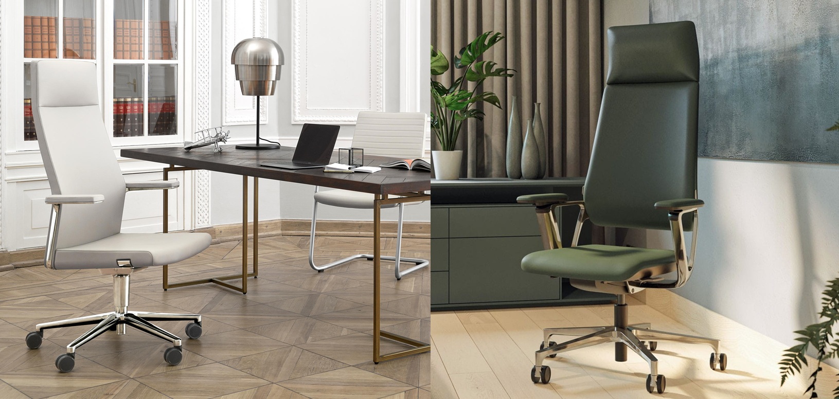 Luksusowe fotele gabinetowe Profim MyTurn i Klöber Connex2 – skórzane, ergonomiczne siedziska podkreślające prestiż nowoczesnego biura