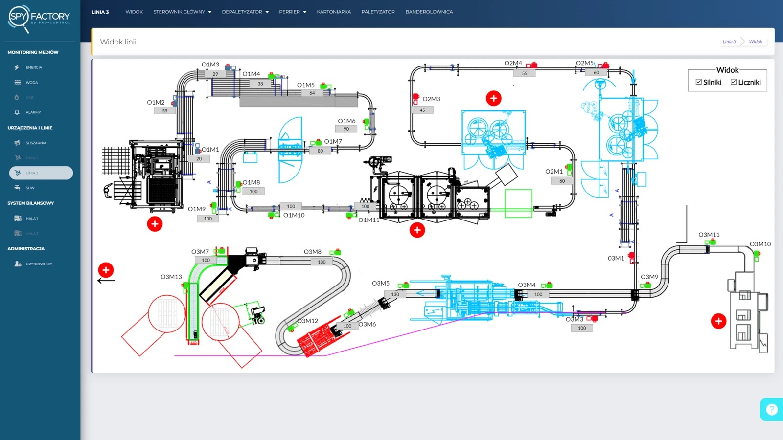 Schemat techniczny wizualizujący, z jakich elementów składa się nowoczesny system sterowania oraz jak przebiega integracja z innymi systemami klasy ERP.