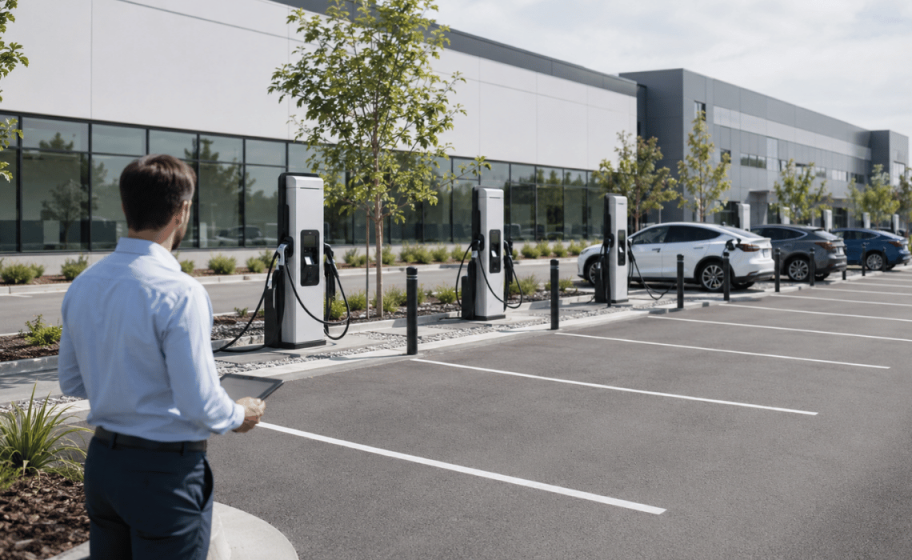 alt: Ładowanie samochodów elektrycznych w pracy. Dlaczego firmowe stacje ładowania stają się elementem nowoczesnego biznesu?